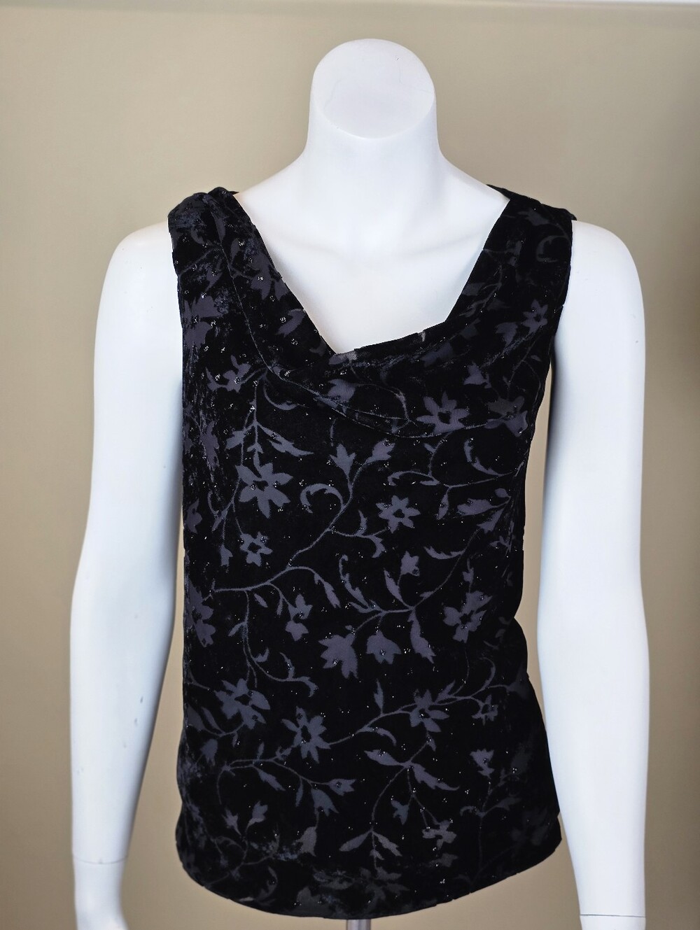 Sz 14 Vintage Rafaella Black Burnout Velvet Floral Cowl Neck Sleeveless Top